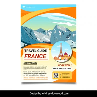 france travel guide flyer template mountain scene architectural landmark sketch