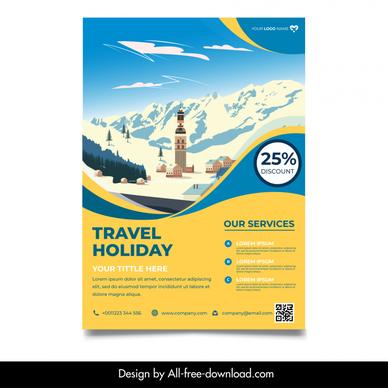 france travel holiday tour guide flyer template snow mountain scene sketch