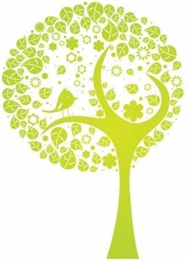 tree design green curves style leaves bird decoration