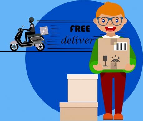 free delivery banner delivering boy icon colored design