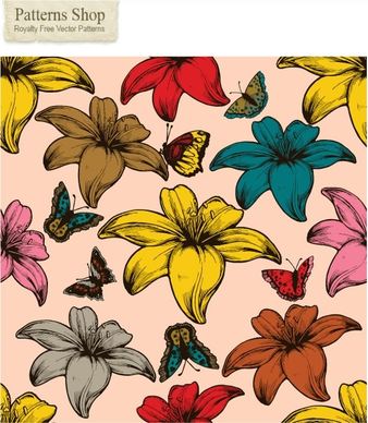 Free flowers and butterflies vector seamless pattern