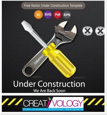 under construction banner wrench screwdriver icons realistic decor