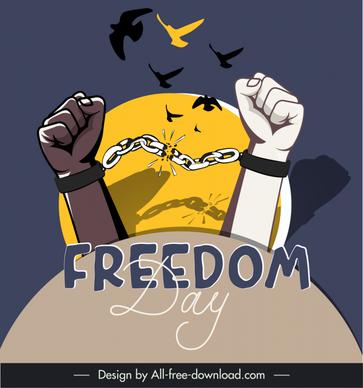 freedom day banner template hands breaking handcuffs moonlight doves sketch