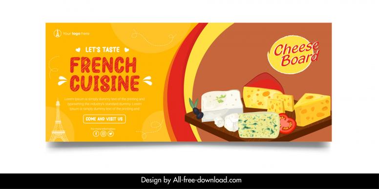 french cuisine banner template classical cheese board sketch