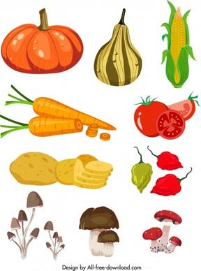 fresh agricultural products icons colorful vegetables fruits sketch