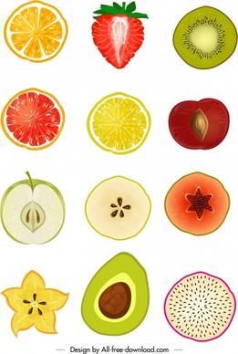 fresh fruits icons sliced design colored flat handdrawn
