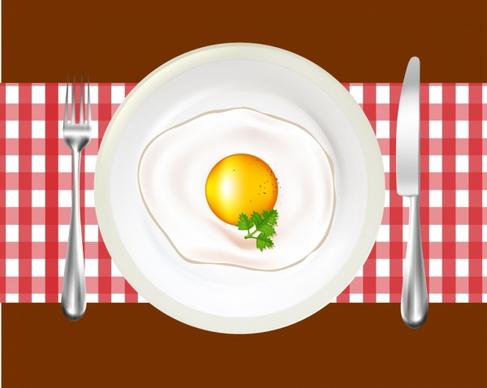 fried egg background shiny dish knife fork icons decor