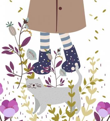 friendship background girl legs cat icons flowers decoration