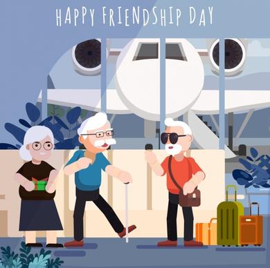 friendship day banner old people luggage airplane icons