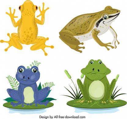 frog wild animals icons sets colored cartoon sketch