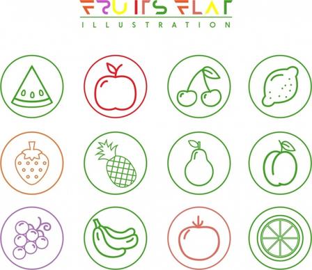 fruit icons isolation various flat symbols sketch