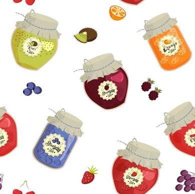 fruit jam pots background multicolored glass jar icons