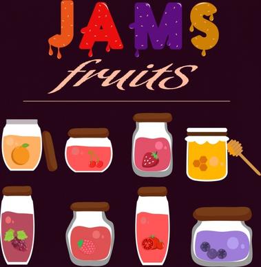 fruit jams advertising glass jar icons isolation