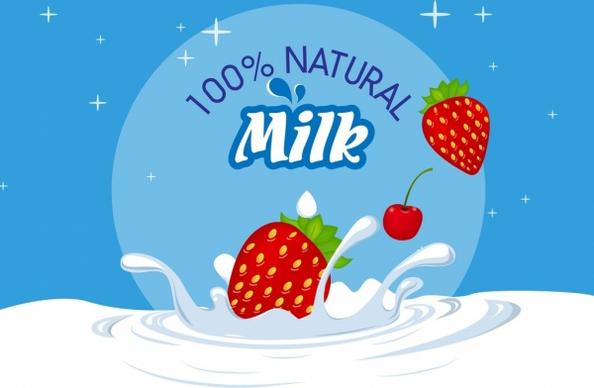 fruit milk advertisement splashing liquid strawberry icons decor