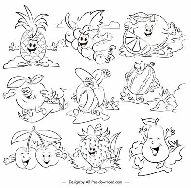 fruits icons funny stylized sketch handdrawn design