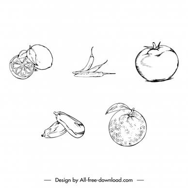 fruits icons sets black white handdraw outline 
