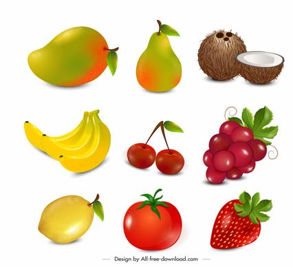 fruits icons shiny colorful modern sketch