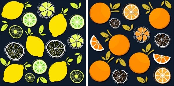 fruits pattern sets lemon orange icons flat design