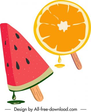 fruity ice cream icons watermelon orange sketch