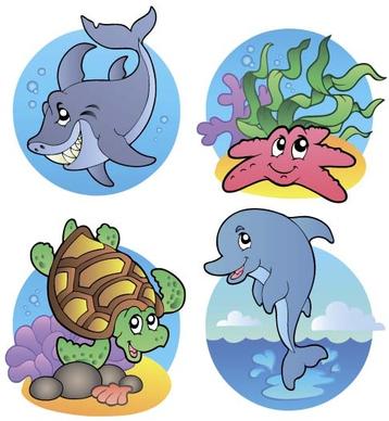 funny marine animal cartoon vectors set