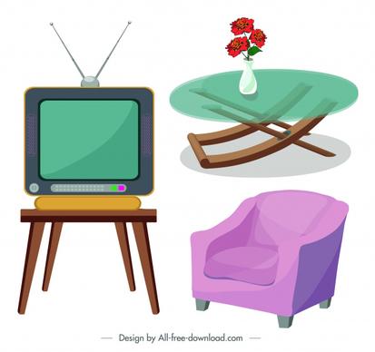 furniture icons table armchair television sketch
