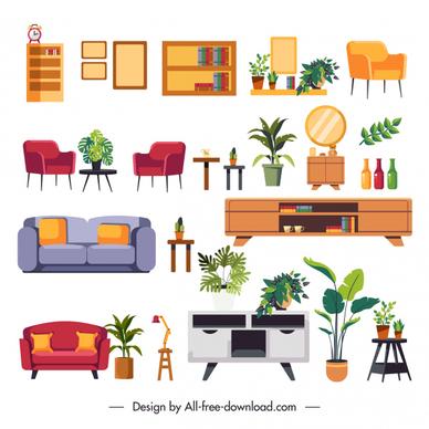 furnitures icons colored contemporary design