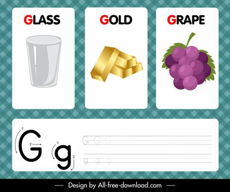 g alphabet educational background glass gold grape sketch