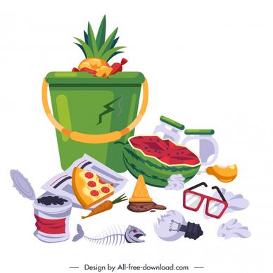garbage design elements colorful wastes objects sketch