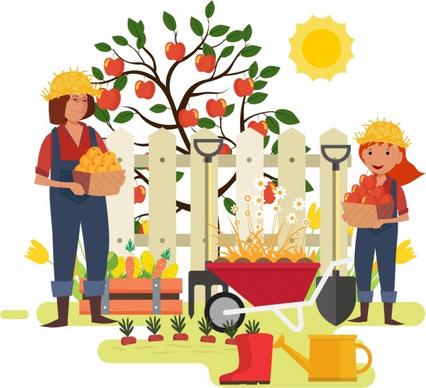 garden work background family farmer icons cartoon characters