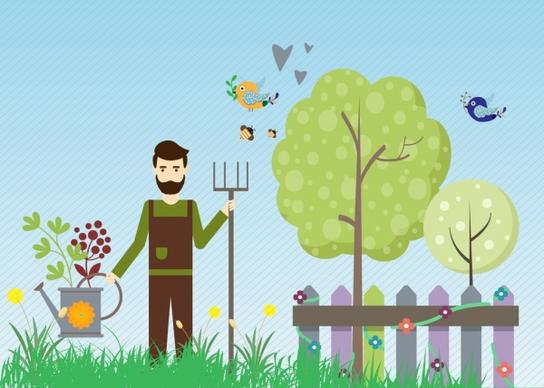 gardening theme man with tools decoration colorful design