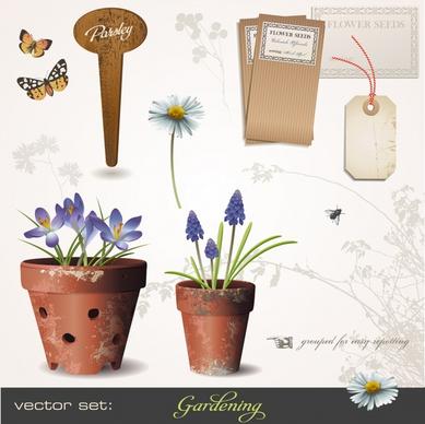 decorative elements classic flowerpots butterflies tag sketch