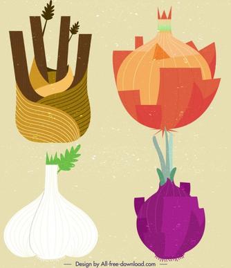 garlic onion vegetable icons colorful retro design
