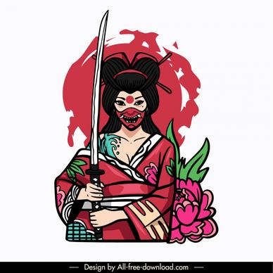 geisha japan design elements powerful woman sword kimono costume petal decor cartoon design 