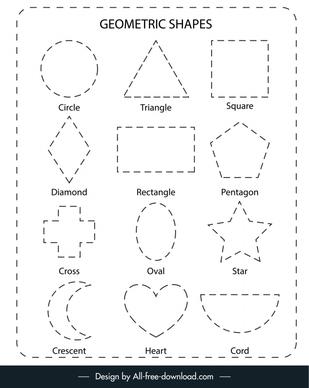 geometric tracing worksheet for kid template flat black white handdrawn shapes sketch
