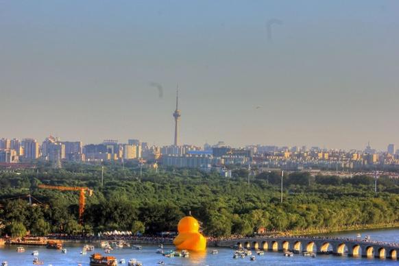 giant duck and beijing skyline in beijing china
