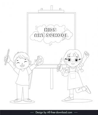 girl and boy learn painting design elements handdrawn outline