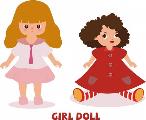 girl doll icons cute colored cartoon design