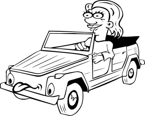 Girl Driving Car Cartoon Outline clip art