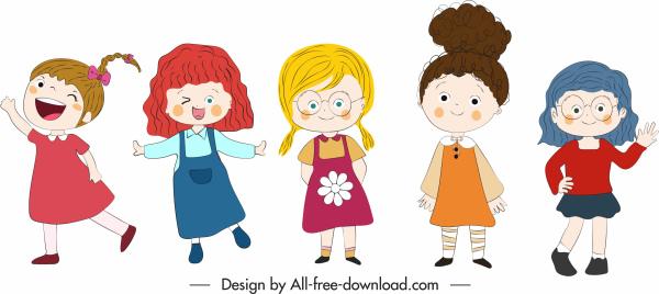 girls icons cute kids sketch cartoon characters