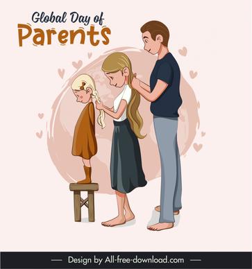 global day of parents banner template cute cartoon family hearts sketch