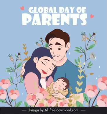 global day of parents banner template happy family newborn baby flowers decor