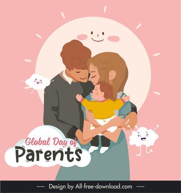 global day of parents poster template happy family stylized clouds cartoon design 