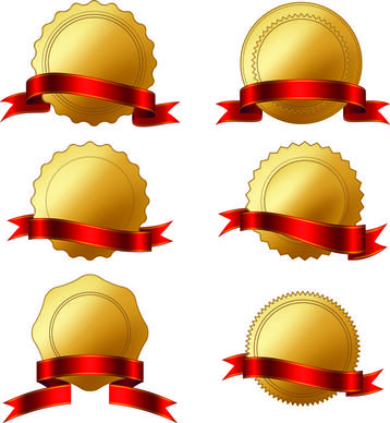 golden badge with red ribbon vector
