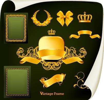 golden emblem and frames decorative elements vector