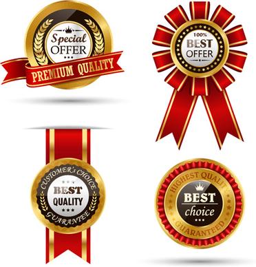 golden quality labels with red ribbon vector