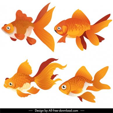 goldfish icons bright colored modern design swimming sketch