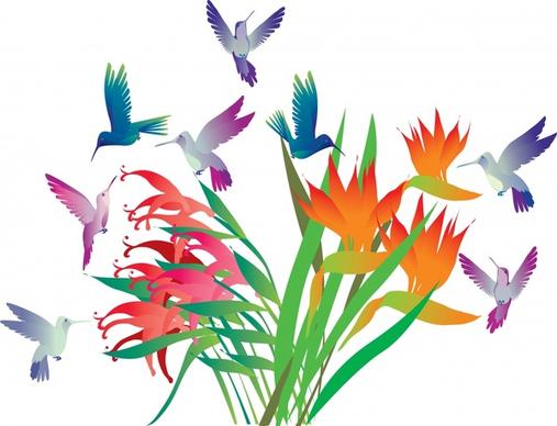nature background flying birds flowers icons colorful design