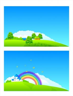 hill background sets clouds rainbow buildings icons decor