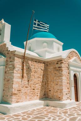 greece scenery picture classic house waving flag
