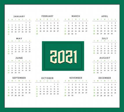 green calendar for new year 2021